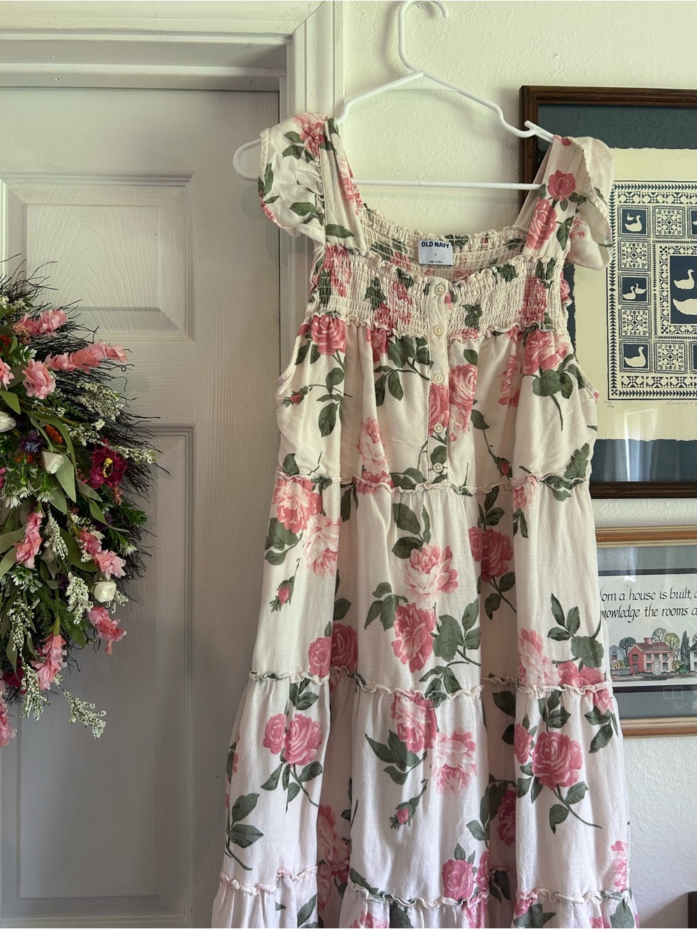 Old Navy White Floral Tiered Sundress with Pink Roses - Picture 2 of 5